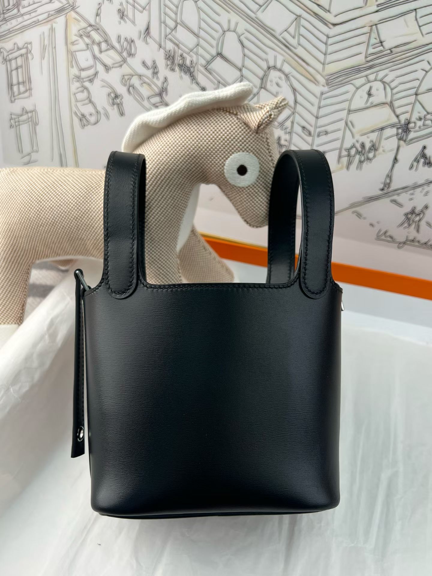Black Swift Leather Mini Picotin Lock, Fully Hand-Stitched Waxed Thread, Silver-Tone Solid Steel Hardware, Lambskin Lining, In Stock