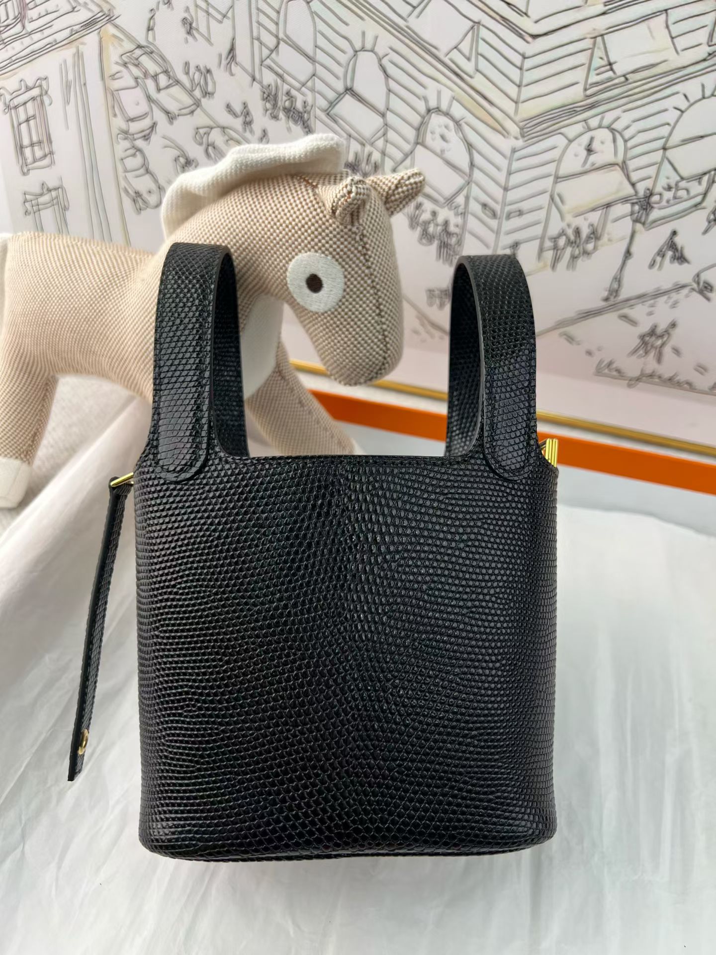 Black Matte Lizard Leather Picotin Lock, Fully Hand-Stitched Waxed Thread, Gold-Tone Solid Steel Hardware, Lambskin Lining, In Stock