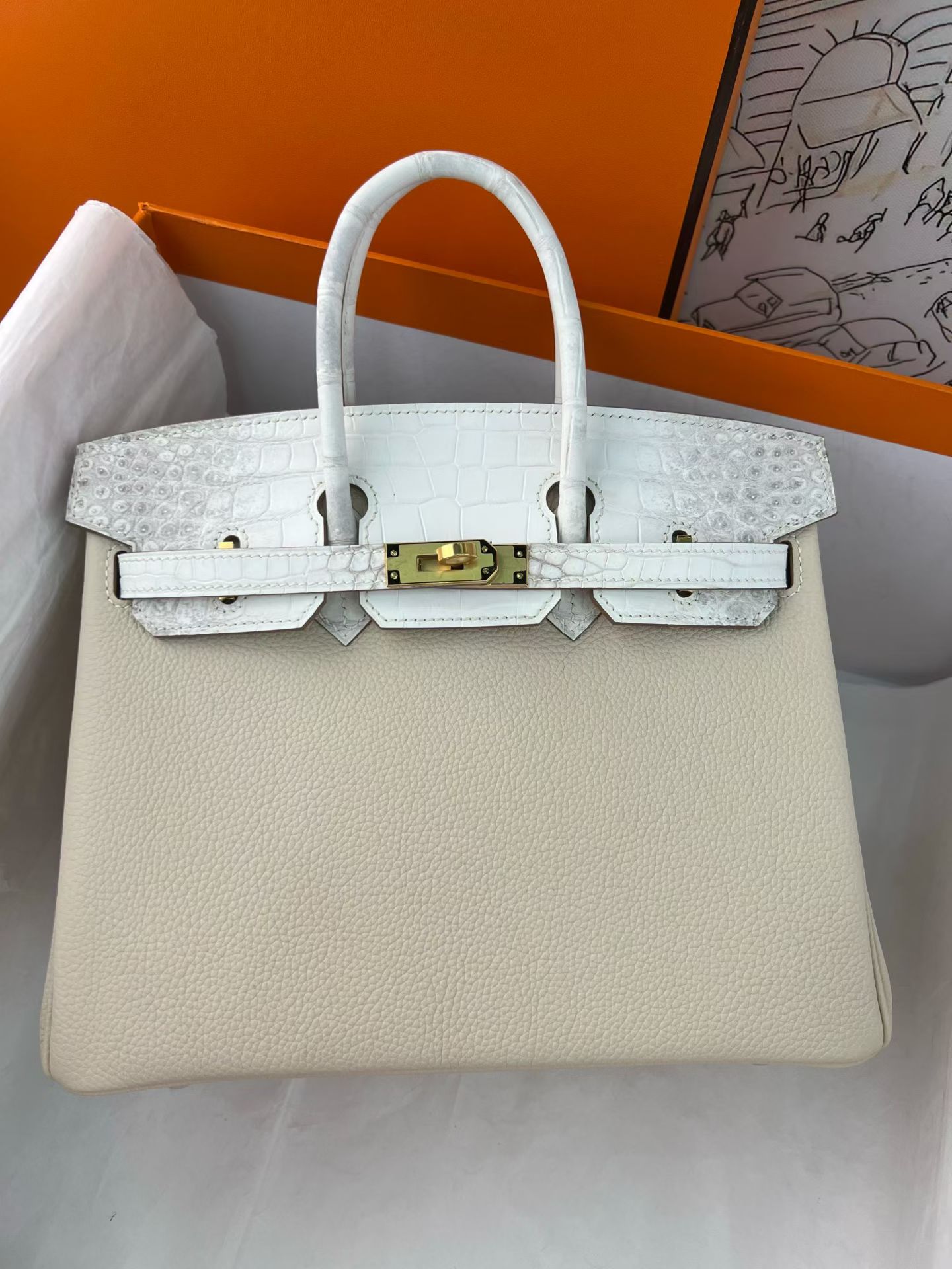 Cream Togo Leather Birkin 25cm, Himalaya Nile Crocodile Top Flap & Handle, Fully Hand-Stitched Waxed Thread, Gold-Tone Solid Steel Hardware, Lambskin Lining, In Stock