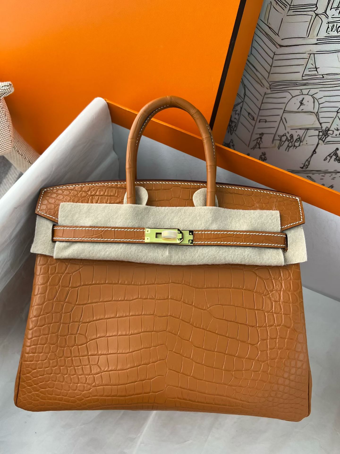 Gold Brown Matte Nile Crocodile Birkin 25cm, Fully Hand-Stitched Waxed Thread, Gold-Tone Solid Steel Hardware, Lambskin Lining, Support Mold Embossing & Hot Gold Foil Stamping