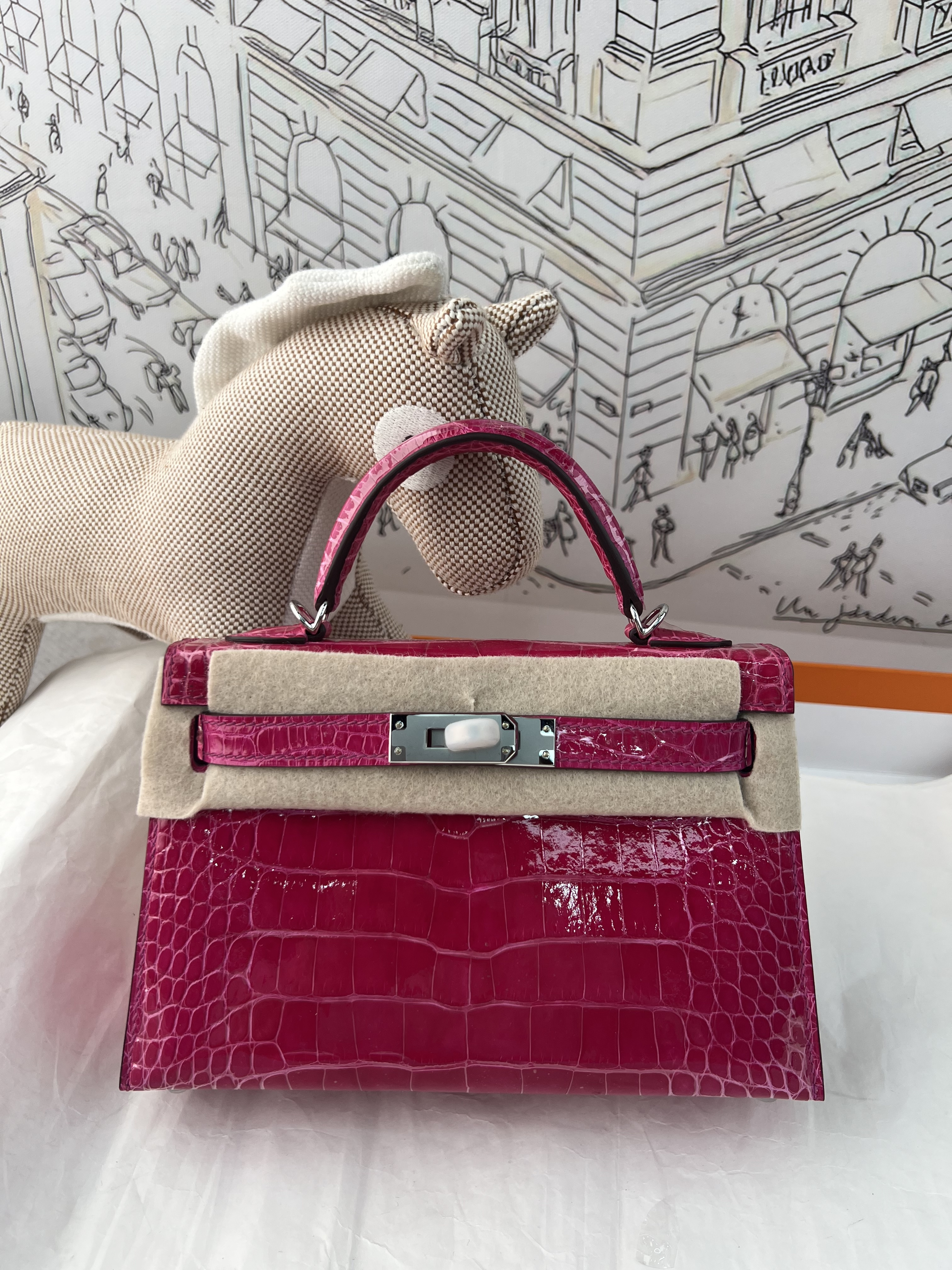 Dragon Fruit Pink Gloss Nile Crocodile Mini Kelly II, Fully Hand-Stitched Wax Thread, Solid Silver Steel Hardware, Goatskin Lining, In Stock
