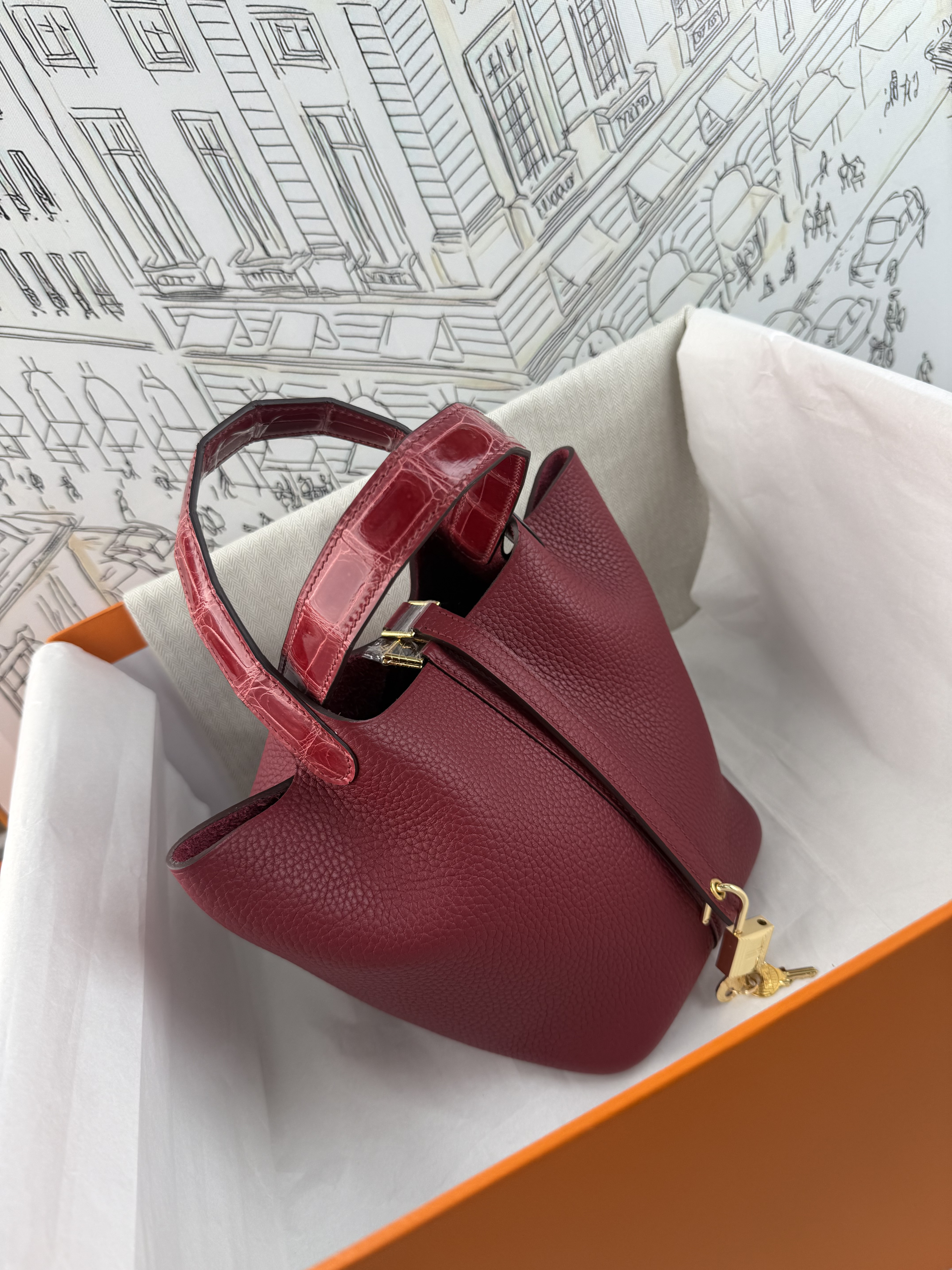 Burgundy Togo Leather Picotin Lock, Gloss Crocodile Top Handle, Gold-Tone Hardware, Fully Hand-Stitched Wax Thread, Goatskin Lining, In Stock