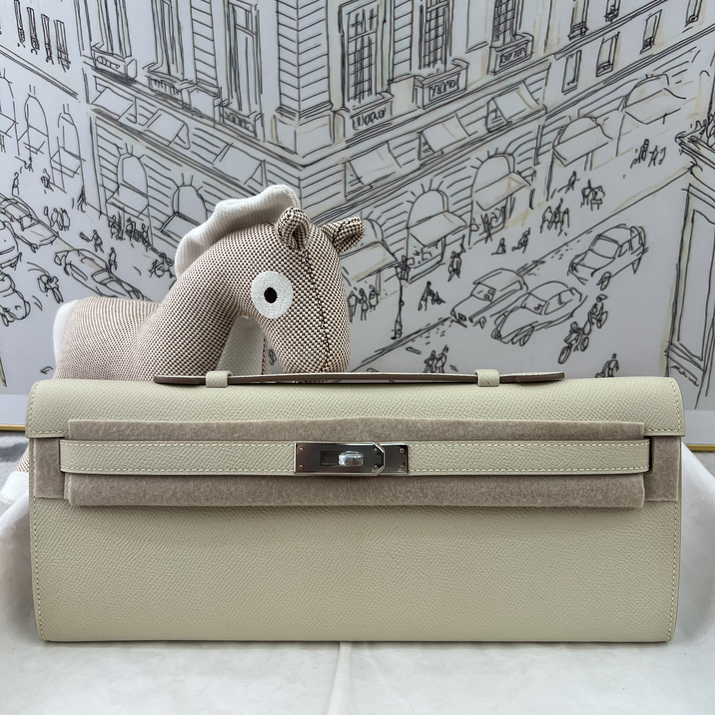 Cream Epsom Leather Kelly Cut Clutch, Fully Hand-Stitched Waxed Thread, Silver-Tone Solid Steel Hardware, Lambskin Lining, Support Mold Embossing & Hot Gold Foil Stamping