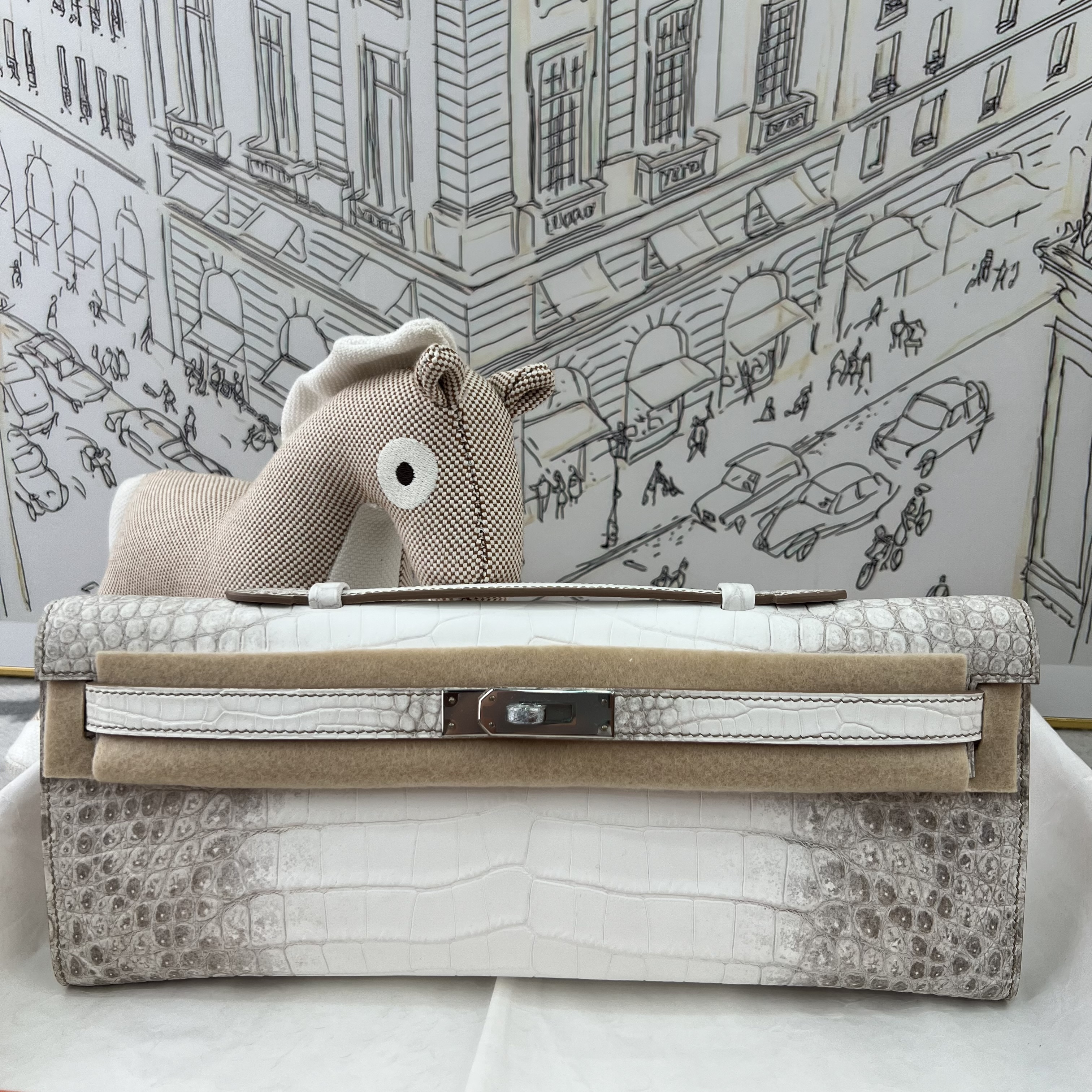 Himalaya Nile Crocodile Kelly Cut Clutch, Fully Hand-Stitched Waxed Thread, Silver-Tone Solid Steel Hardware, Lambskin Lining, Custom Mold Embossing & Hot Gold Foil Stamping Available