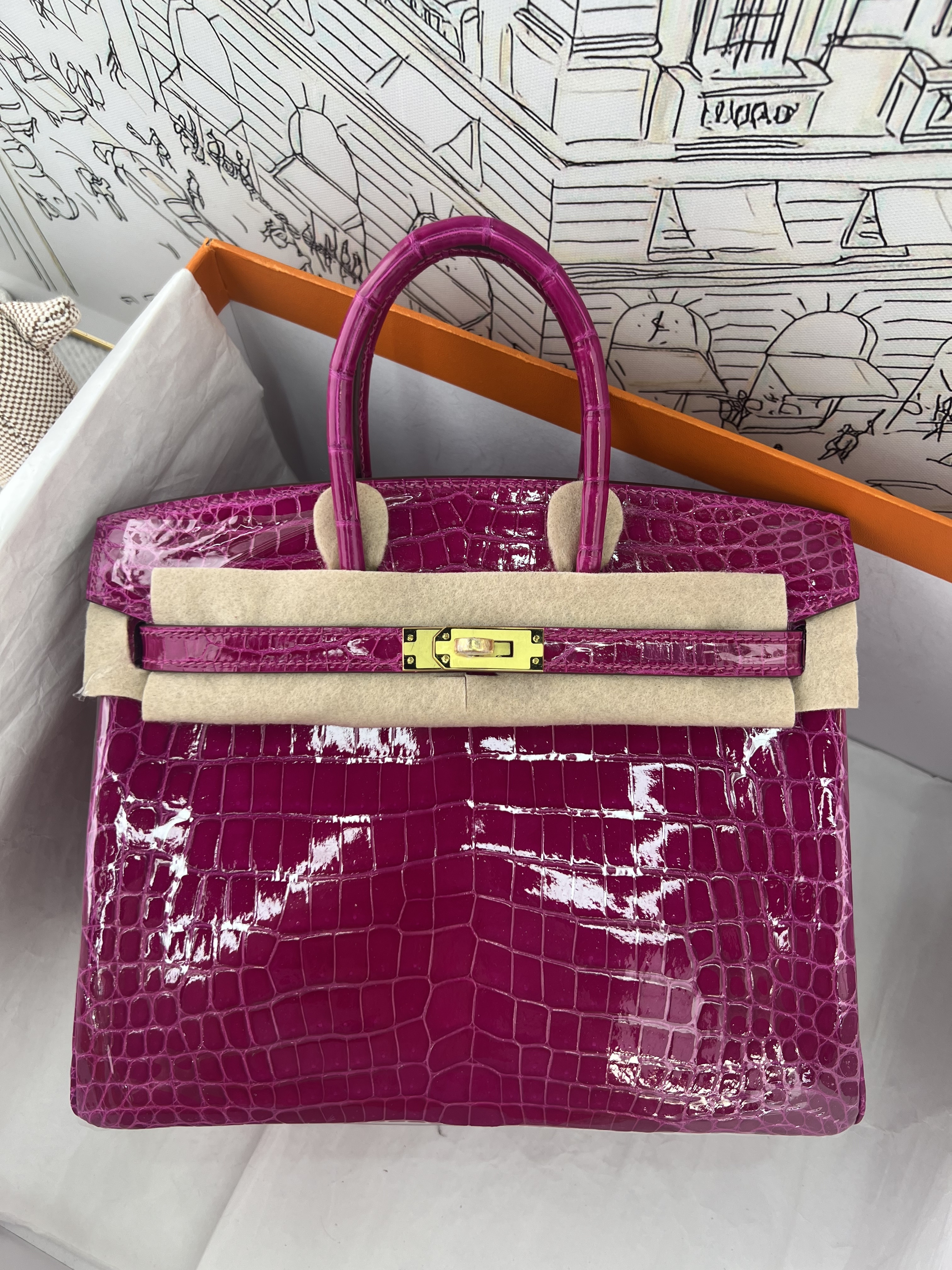 Fuchsia Gloss Nile Crocodile Birkin 25cm, Fully Hand-Stitched Wax Thread, 3 Whole Hides, Gold-Tone Solid Steel Hardware, Goatskin Lining, In Stock