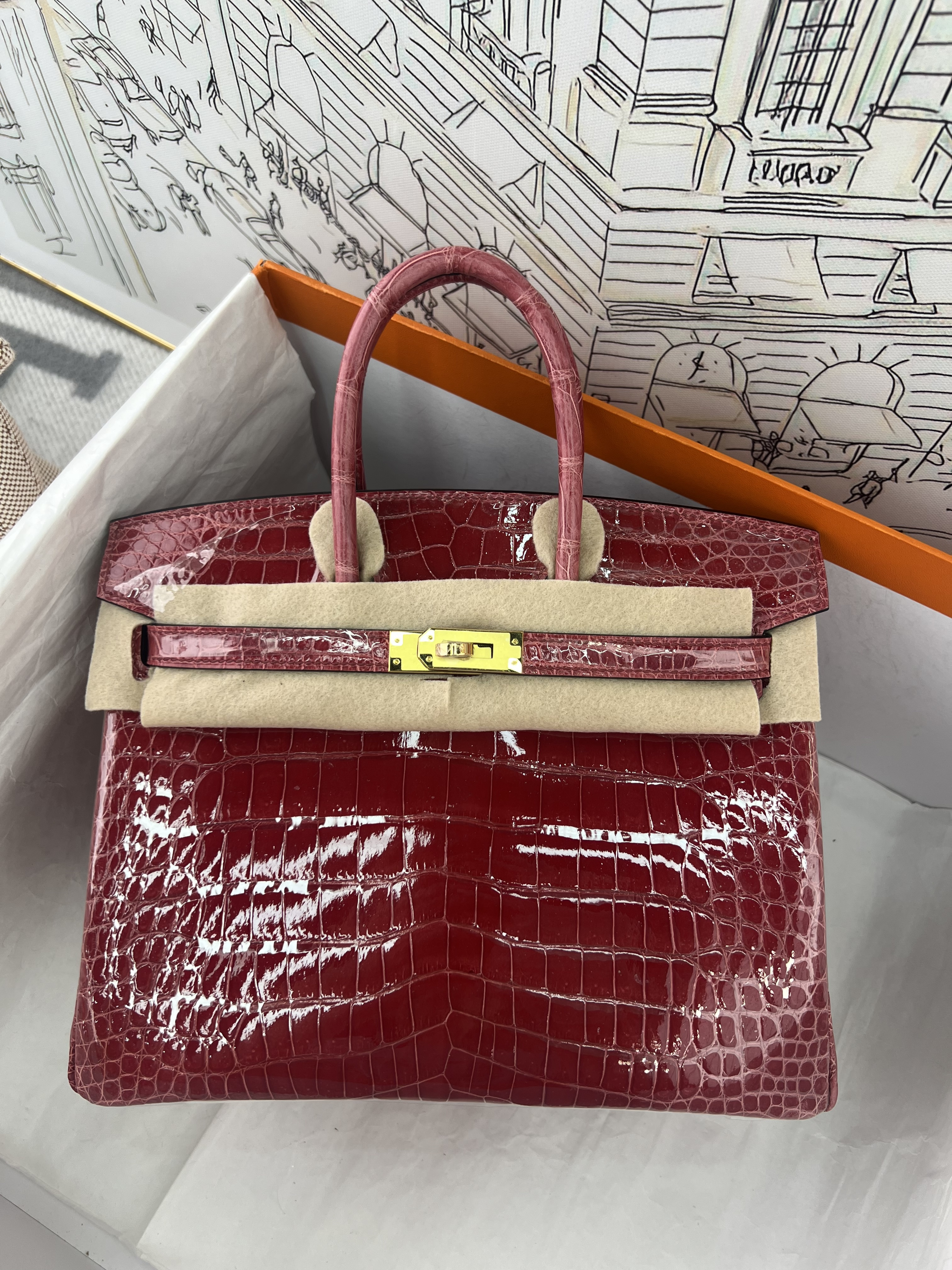 Burgundy Gloss Nile Crocodile Birkin 25cm, Fully Hand-Stitched Wax Thread, 3 Whole Hides, Gold-Tone Solid Steel Hardware, Goatskin Lining, In Stock
