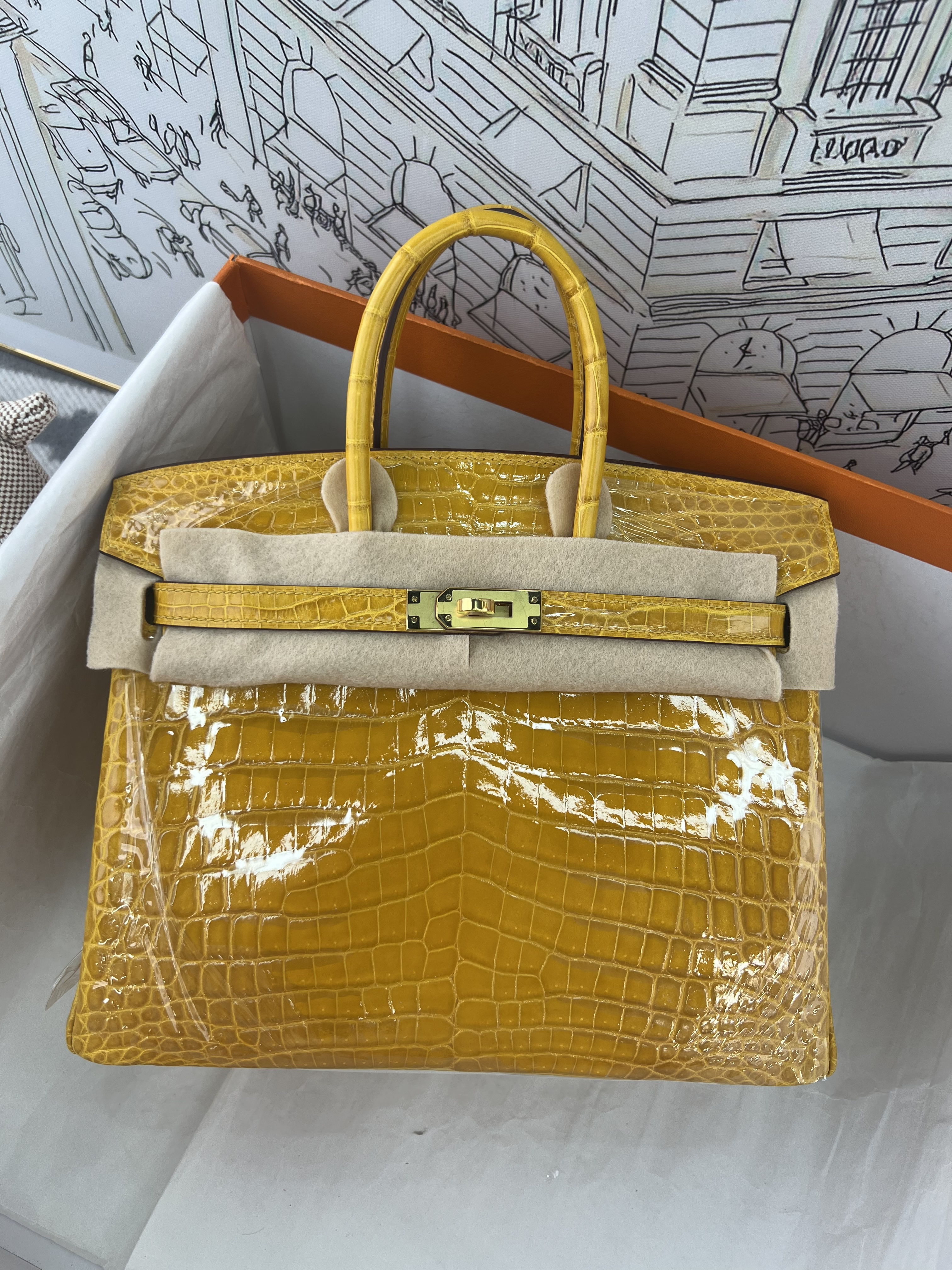 Amber Yellow Gloss Nile Crocodile Birkin 25cm, Fully Hand-Stitched Wax Thread, 3 Whole Hides, Solid Gold-tone Steel Hardware, Goatskin Lining, In Stock
