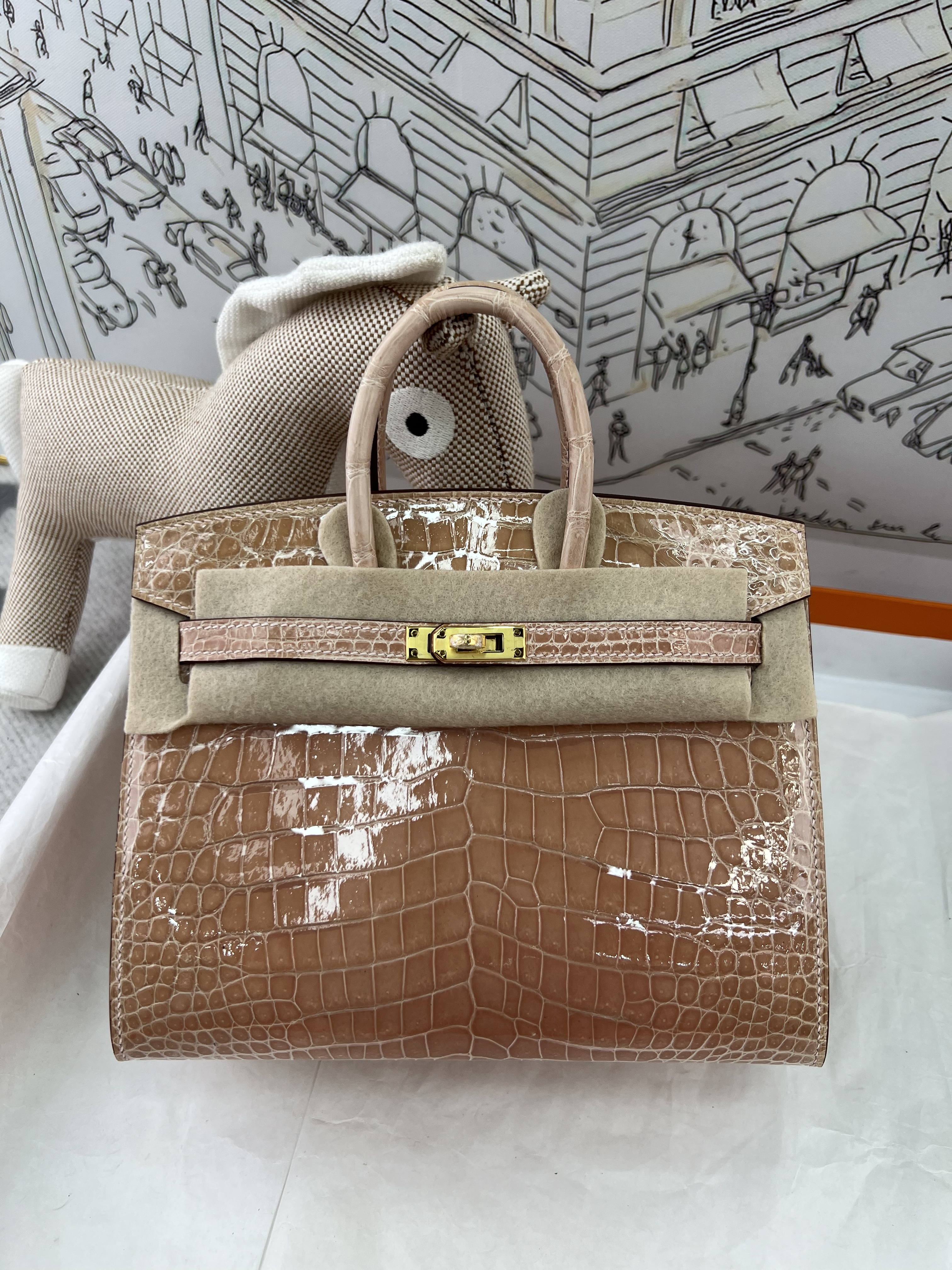 Milk Tea Color In Stock ✨ High-Gloss Crocodile Birkin 20cm, Fully Hand-Stitched With Waxed Thread From 3 Whole Hides, Solid Steel Hardware, Goatskin Lining