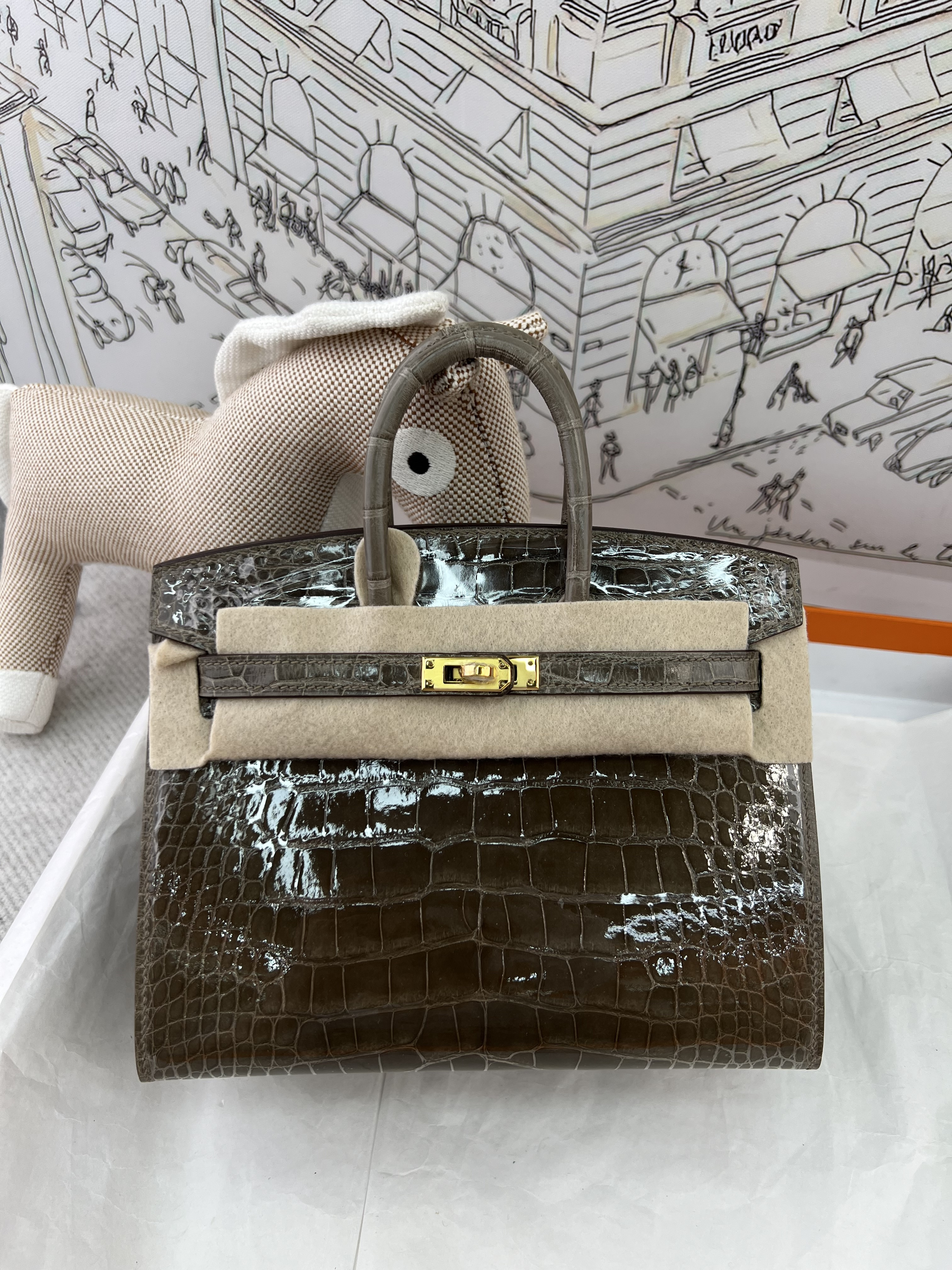 Graphite Grey In Stock ✨ Gloss Crocodile Birkin 20cm, Full Hand-Stitched With Waxed Thread From 3 Whole Hides, Solid Steel Hardware, Goatskin Lining