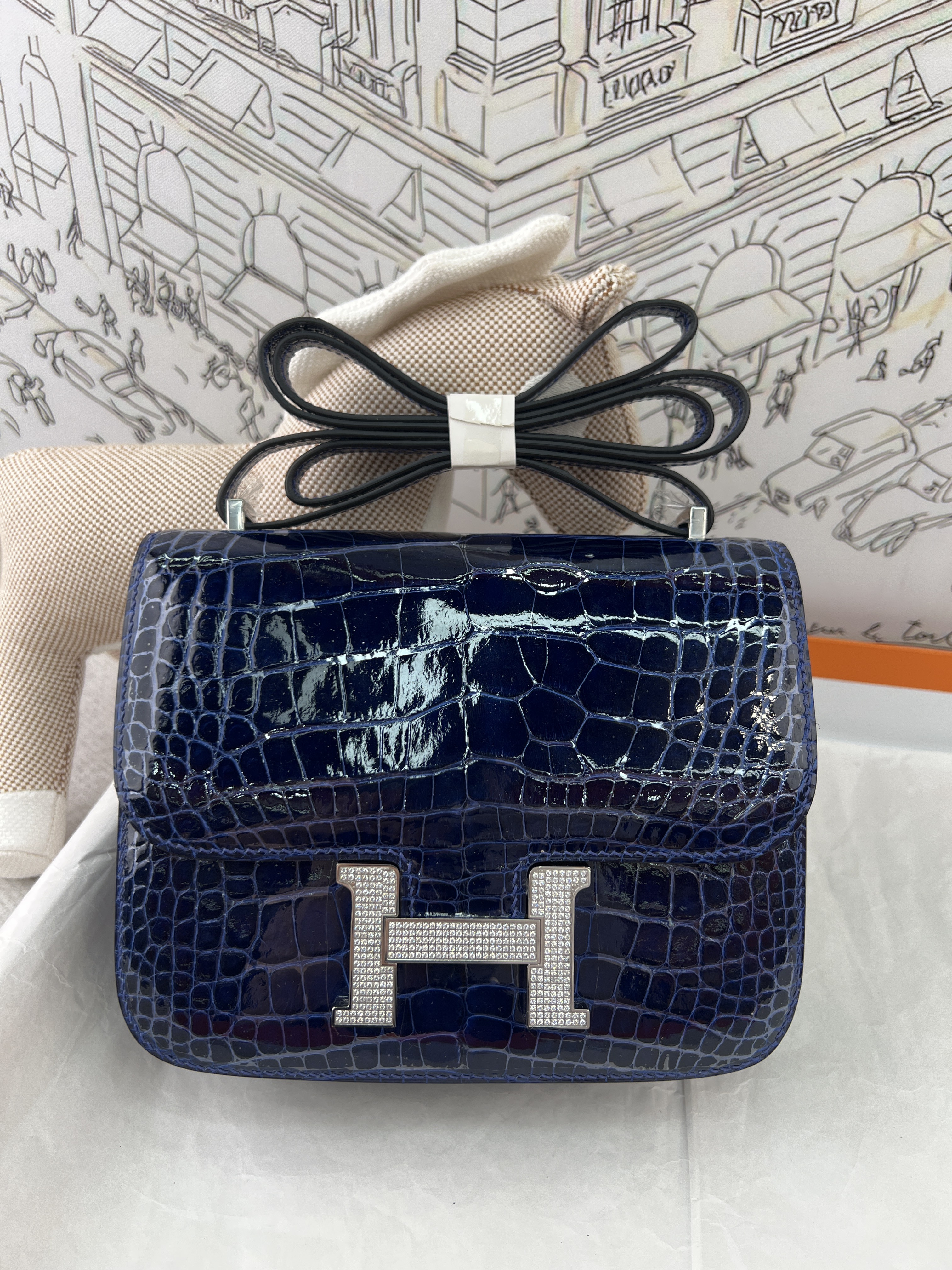 Deep Shiny Navy Crocodile Constance 19cm, Fully Hand-Stitched, Lambskin Lining
