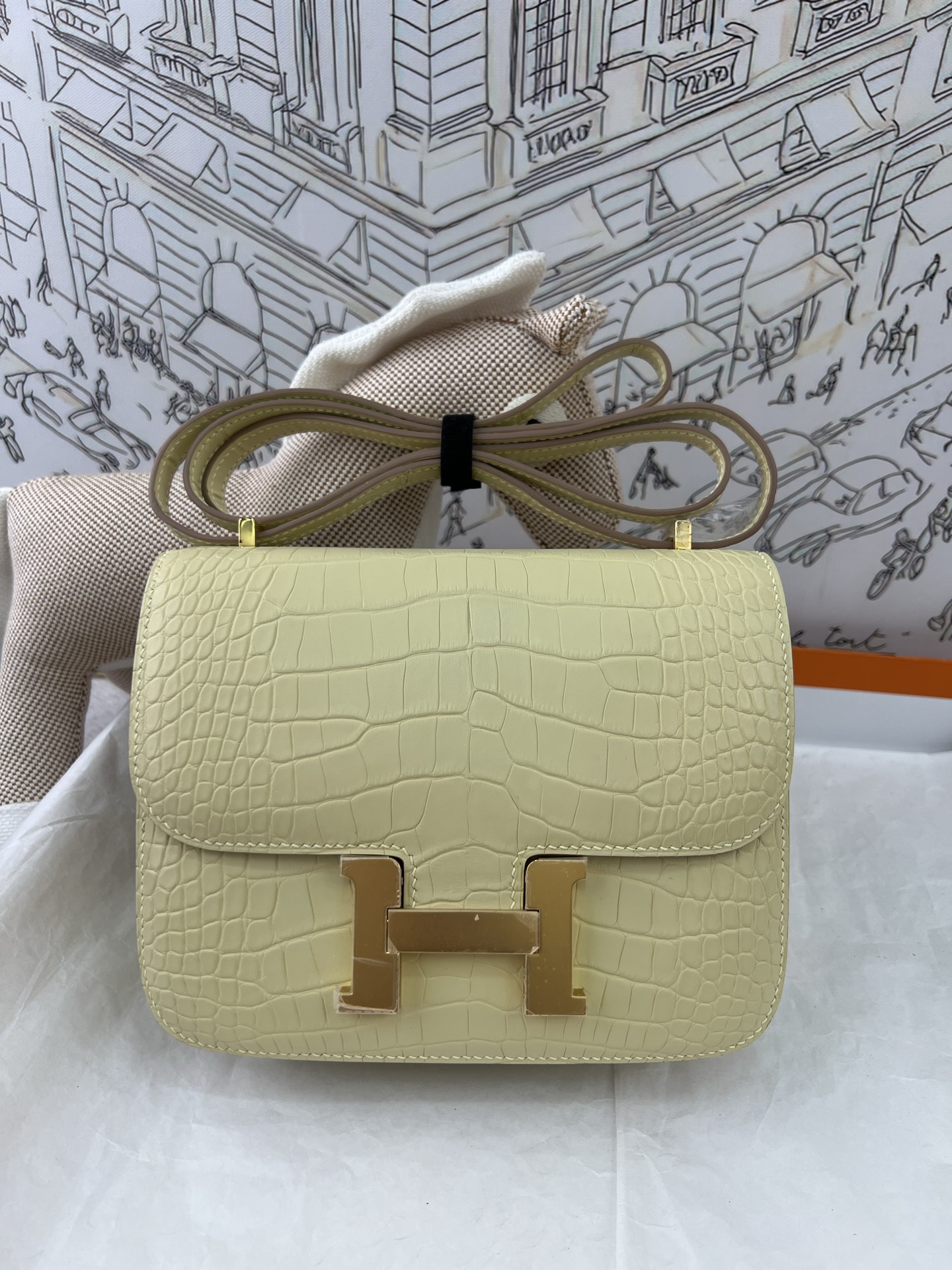 Constance 24cm in Vanilla Yellow Crocodile Leather, entirely hand-sewn with soft lambskin interior lining