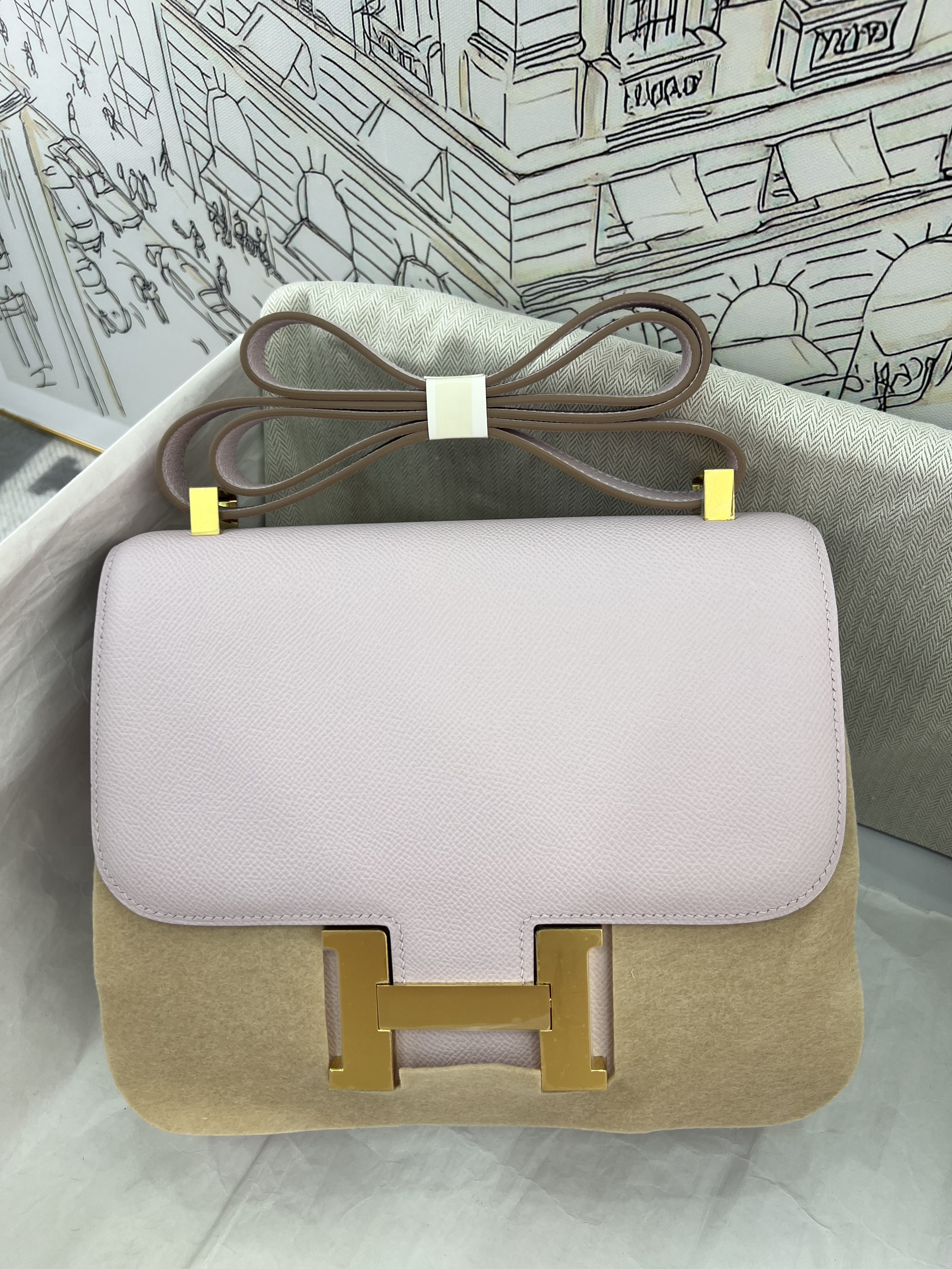 Women Genuine Epsom Leather Constance Bag, Mauve Pale Luxury Gold H Buckle Crossbody Shoulder Handbag