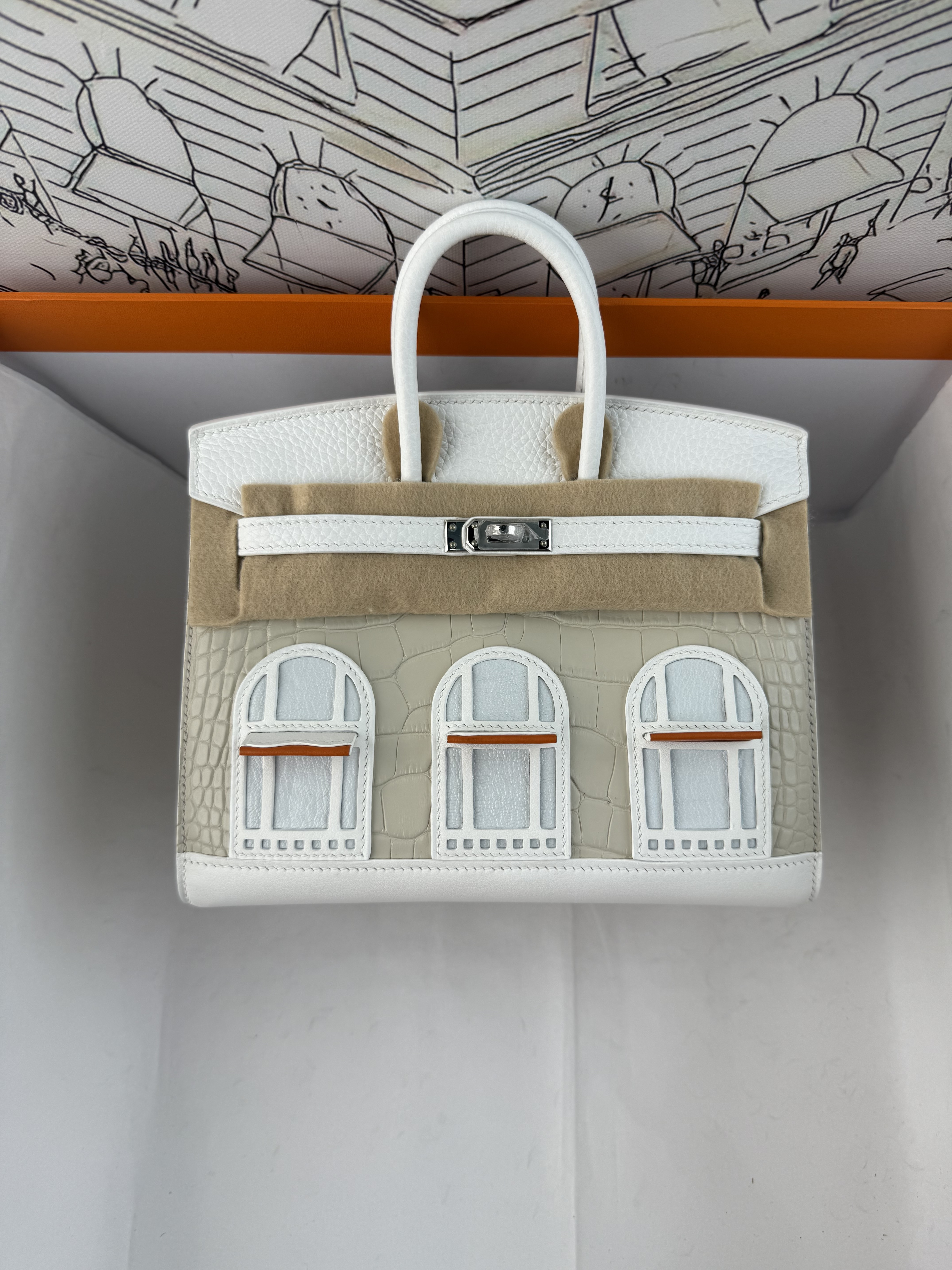 Women Birkin House Handbag, White & Gris Perle Matte Crocodile & Togo Leather Silver Lock Top Handle Bag