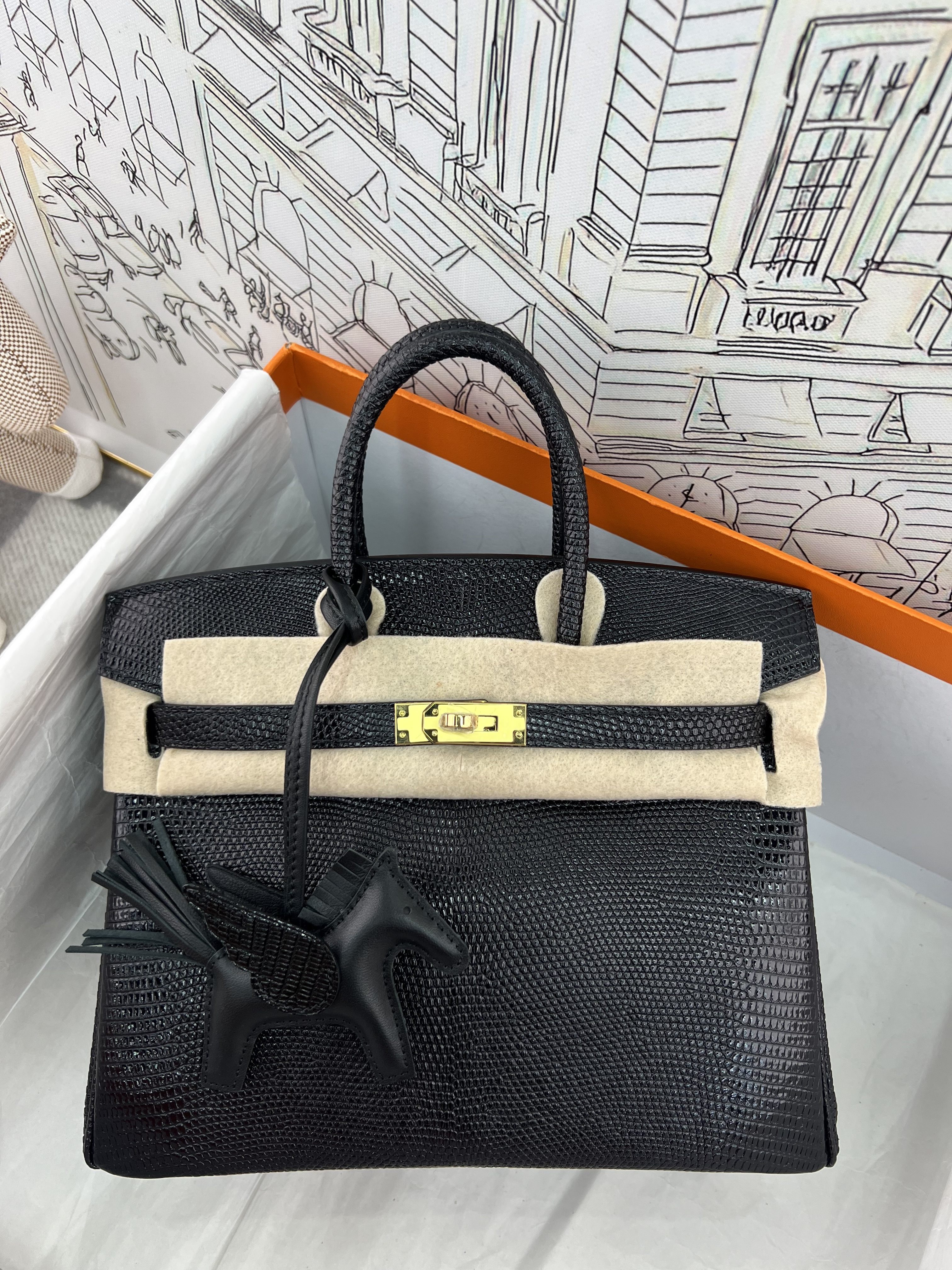 Birkin 25cm Glossy Black Lizard Leather | Full Hand Stitched Gold Hardware